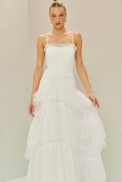 Vestido Longo em Tule com Decote Semi Coração e Saia de Babados - Provença Off White