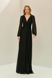 Vestido Longo em Tule com Decote V, Nó e Drapeado Frontal, Mangas Longas - Macau Preto