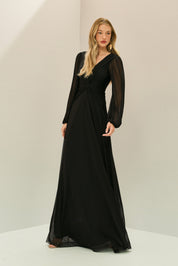 Vestido Longo em Tule com Decote V, Nó e Drapeado Frontal, Mangas Longas - Macau Preto