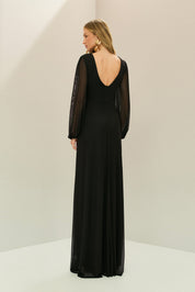 Vestido Longo em Tule com Decote V, Nó e Drapeado Frontal, Mangas Longas - Macau Preto