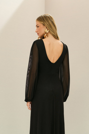 Vestido Longo em Tule com Decote V, Nó e Drapeado Frontal, Mangas Longas - Macau Preto