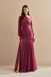 Vestido Longo em Tule com Decote de Ombro Único, Drapeados e Shape Sereia - Amsterdã Fúcsia