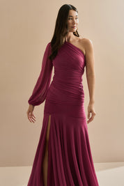 Vestido Longo em Tule com Decote de Ombro Único, Drapeados e Shape Sereia - Amsterdã Fúcsia