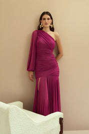 Vestido Longo em Tule com Decote de Ombro Único, Drapeados e Shape Sereia - Amsterdã Fúcsia