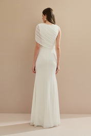 Vestido Longo em Tule com Drapeado Assimétrico na Manga e Cintura - Nanda Off White
