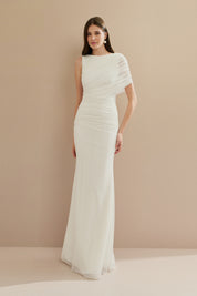 Vestido Longo em Tule com Drapeado Assimétrico na Manga e Cintura - Nanda Off White
