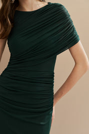 Vestido Longo em Tule com Drapeado Assimétrico na Manga e Cintura - Nanda Verde Bandeira Escuro