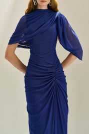 Vestido Longo em Tule com Franzidos no Quadril e Mangas Recortadas - Rubi Azul Bic