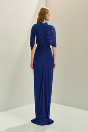 Vestido Longo em Tule com Franzidos no Quadril e Mangas Recortadas - Rubi Azul Bic