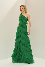 Vestido Longo em Tule com Ombro Único, Saia Ampla e Babados Assimétricos em Camadas - Mila Verde Bandeira