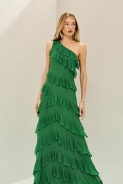 Vestido Longo em Tule com Ombro Único, Saia Ampla e Babados Assimétricos em Camadas - Mila Verde Bandeira