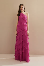 Vestido Longo em Tule com Ombro Único, Saia Ampla e Babados Assimétricos em Camadas - Mila Rosa Pink