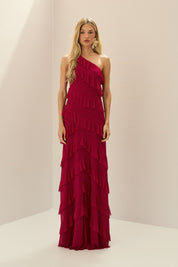 Vestido Longo em Tule com Ombro Único, Saia Ampla e Babados Assimétricos em Camadas - Mila Vermelho