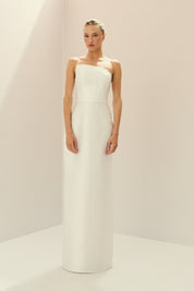 Vestido Longo em Zibeline com Decote Assimétrico e Saia Lápis com Fenda Traseira - Lotus Off White