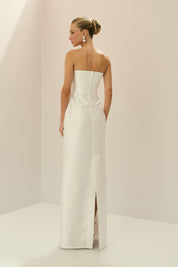 Vestido Longo em Zibeline com Decote Assimétrico e Saia Lápis com Fenda Traseira - Lotus Off White