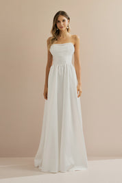 Vestido Longo em Zibeline com Decote Degagê em Chiffon, sem Alças e Saia Ampla com Bolso - Ane Off White