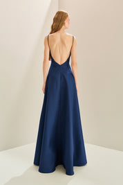 Vestido Longo em Zibeline com Decote V, Alças Finas, Costas Abertas e Saia Ampla - Atlanta Azul Marinho
