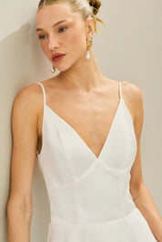 Vestido Longo em Zibeline com Decote V, Alças Finas, Costas Abertas e Saia Ampla - Atlanta Off White