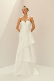 Vestido Longo em Zibeline com Decote V sem Alças e Babados em Camadas - Naomi Off White