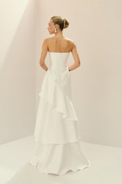 Vestido Longo em Zibeline com Decote V sem Alças e Babados em Camadas - Naomi Off White