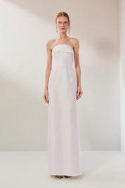 Vestido Longo em Zibeline com Pala Assimétrica Estruturada, Decote Reto sem Alças e Fenda Traseira - Malásia Off White