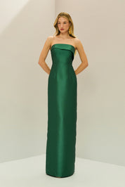 Vestido Longo em Zibeline com Pala Assimétrica Estruturada, Decote Reto sem Alças e Fenda Traseira - Malásia Verde Bandeira