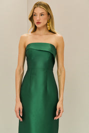 Vestido Longo em Zibeline com Pala Assimétrica Estruturada, Decote Reto sem Alças e Fenda Traseira - Malásia Verde Bandeira