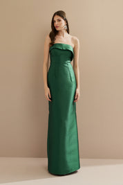 Vestido Longo em Zibeline com Pala Assimétrica Estruturada, Decote Reto sem Alças e Fenda Traseira - Malásia Verde Bandeira