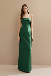 Vestido Longo em Zibeline com Pala Assimétrica Estruturada, Decote Reto sem Alças e Fenda Traseira - Malásia Verde Bandeira