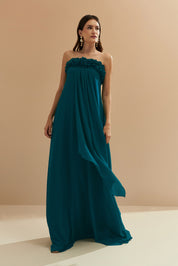Vestido Longo sem Alça em Chiffon com Babados no Decote e Calda Frontal - Armênia Azul Petróleo