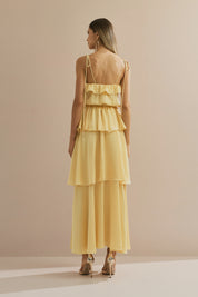 Vestido Long Midi em Cetim com Alças Finas, Babado no Decote e Camadas Sobrepostas - Santiago Amarelo Manteiga