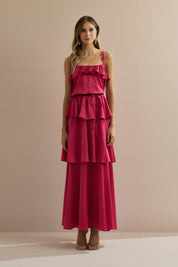 Vestido Long Midi em Cetim com Alças Finas, Babado no Decote e Camadas Sobrepostas - Santiago Rosa Pink