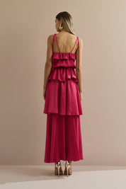 Vestido Long Midi em Cetim com Alças Finas, Babado no Decote e Camadas Sobrepostas - Santiago Rosa Pink