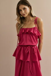 Vestido Long Midi em Cetim com Alças Finas, Babado no Decote e Camadas Sobrepostas - Santiago Rosa Pink