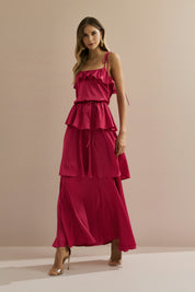 Vestido Long Midi em Cetim com Alças Finas, Babado no Decote e Camadas Sobrepostas - Santiago Rosa Pink