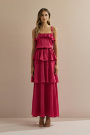 Vestido Long Midi em Cetim com Alças Finas, Babado no Decote e Camadas Sobrepostas - Santiago Rosa Pink