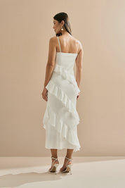 Vestido Midi em Cetim com Decote Degagê, Alças Finas e Babados Assimétricos - Isla Off White