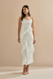 Vestido Midi em Cetim com Decote Degagê, Alças Finas e Babados Assimétricos - Isla Off White