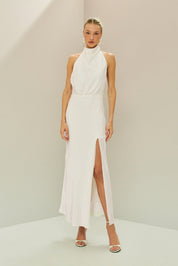 Vestido Midi em Cetim com Gola Degagê e Fenda Frontal - Estela Off White