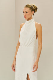 Vestido Midi em Cetim com Gola Degagê e Fenda Frontal - Estela Off White