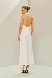 Vestido Midi em Cetim com Gola Degagê e Fenda Frontal - Estela Off White