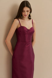 Vestido Midi em Zibeline com Busto Demarcado e Estruturado, Alças Finas e Fenda Traseira - Carmel Fúcsia