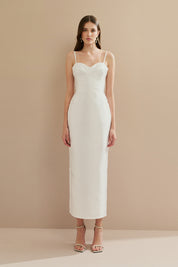 Vestido Midi em Zibeline com Busto Demarcado e Estruturado, Alças Finas e Fenda Traseira - Carmel Off White