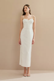 Vestido Midi em Zibeline com Busto Demarcado e Estruturado, Alças Finas e Fenda Traseira - Carmel Off White