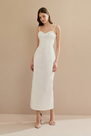Vestido Midi em Zibeline com Busto Demarcado e Estruturado, Alças Finas e Fenda Traseira - Carmel Off White