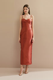 Vestido Midi em Zibeline com Busto Demarcado e Estruturado, Alças Finas e Fenda Traseira - Carmel Terracota