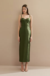 Vestido Midi em Zibeline com Busto Demarcado e Estruturado, Alças Finas e Fenda Traseira - Carmel Verde Oliva