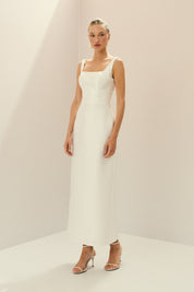 Vestido Midi em Zibeline com Decote Quadrado, Alças Largas, Saia Lápis, Recorte nas Costas e Fenda Traseira - Lira Off White