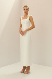 Vestido Midi em Zibeline com Decote Quadrado, Alças Largas, Saia Lápis, Recorte nas Costas e Fenda Traseira - Lira Off White