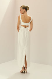 Vestido Midi em Zibeline com Decote Quadrado, Alças Largas, Saia Lápis, Recorte nas Costas e Fenda Traseira - Lira Off White